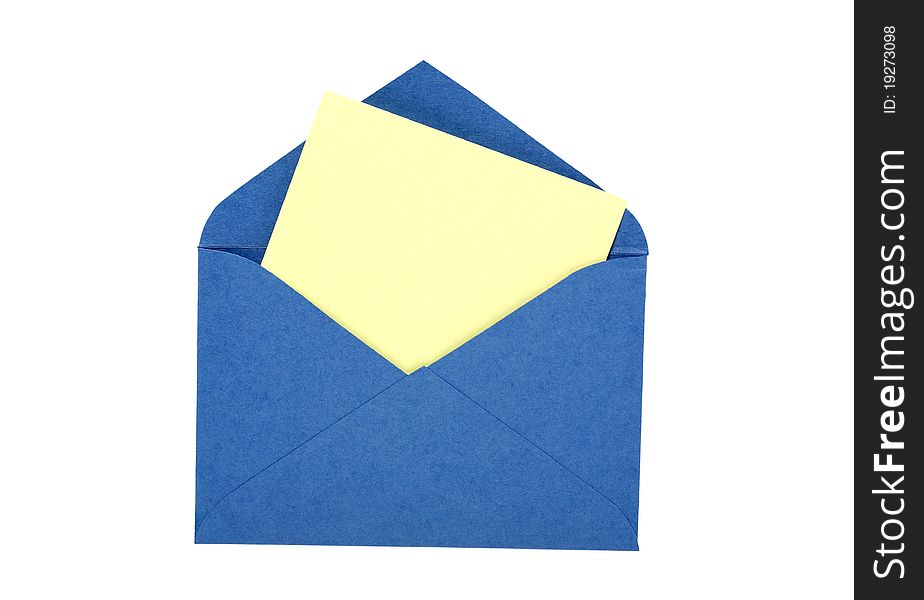 Blank yellow paper inside open blue paper envelope. Isolated on white with clipping path. Blank yellow paper inside open blue paper envelope. Isolated on white with clipping path