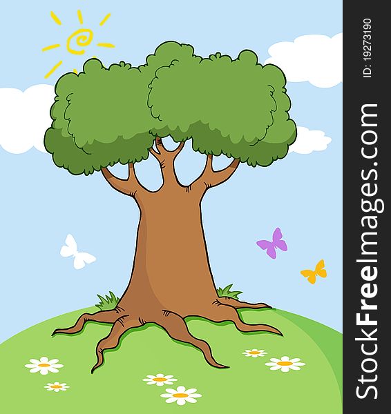 Cartoon landscape with tree and butterfly