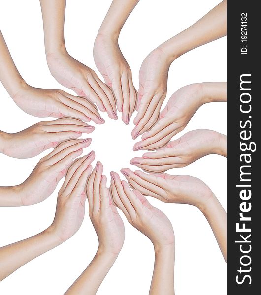 Hands forming a circle shape on white background , teamwork and protection conceptual