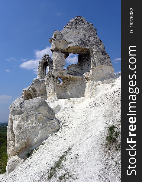 The top of the chalk mountains against the blue sky