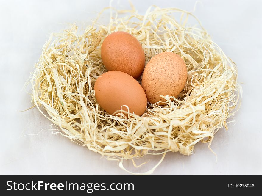 Three eggs lying down on a white background. Three eggs lying down on a white background