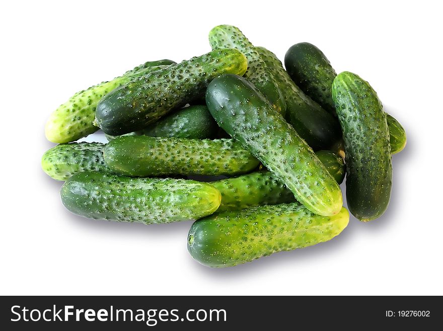 Fresh green cucumbers on a white background