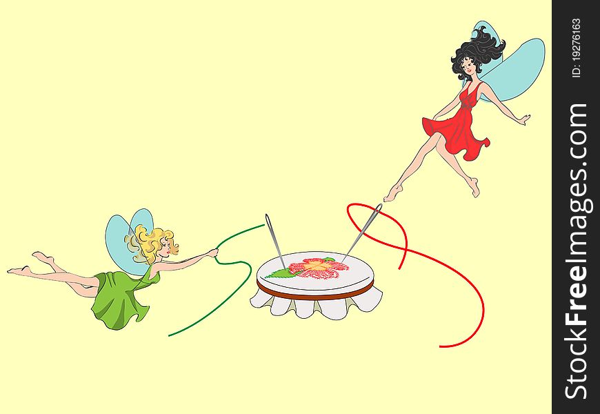 Two fairies embroider a flower. Two fairies embroider a flower
