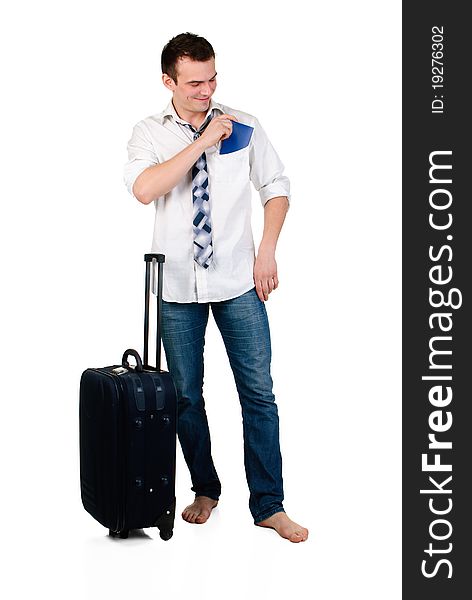 Young man with bag is going on vacation. Young man with bag is going on vacation