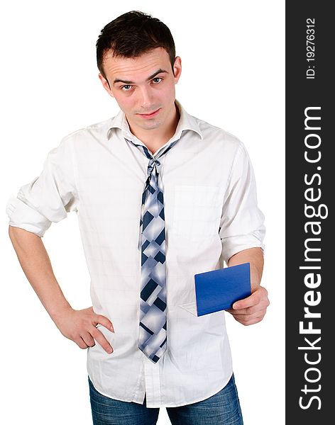 Office worker holding document and looking at camera