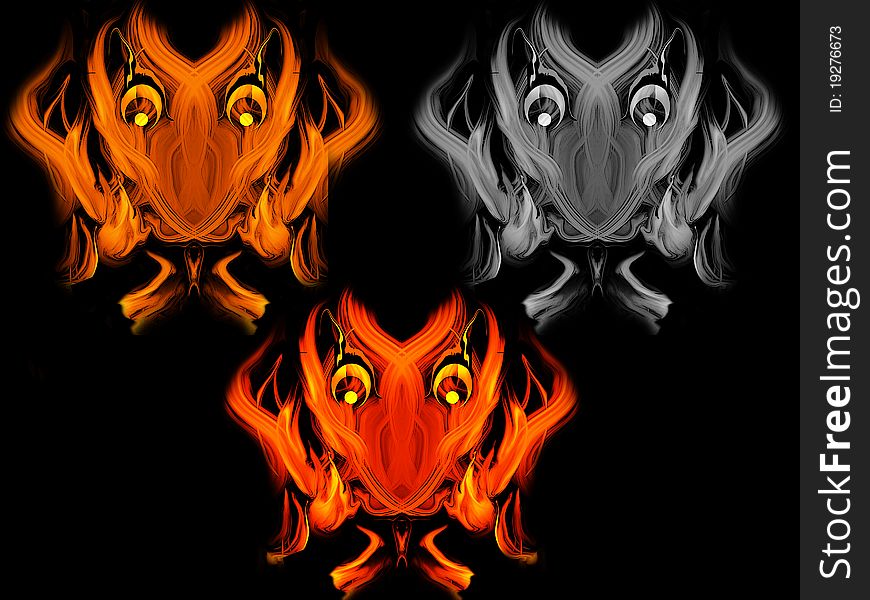 Abstract fiery devil faces on a black background