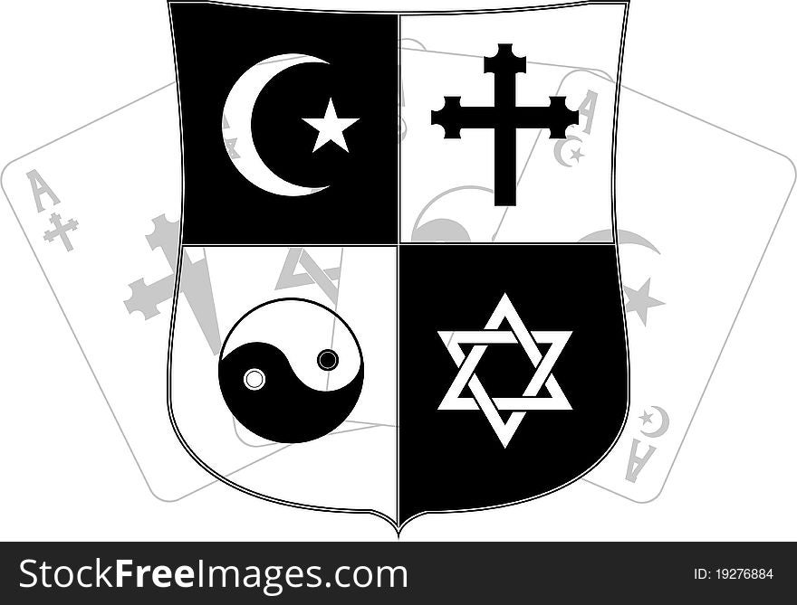Stencil of shield and religious symbols. vector illustration