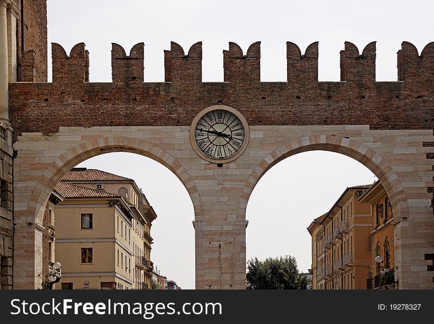 The Entrance and wall of the Piazza Bra in Verona, Veneto, Italy, Europe