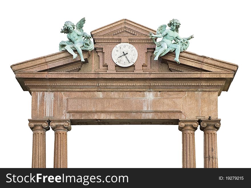 Ancient marbel facade and pediment, with two bronze angels and a clock, the only part of the square preserved of the original 1930 building that was the Rosario's branch of the Argentina's National Bank. Clipping path is included. Ancient marbel facade and pediment, with two bronze angels and a clock, the only part of the square preserved of the original 1930 building that was the Rosario's branch of the Argentina's National Bank. Clipping path is included.