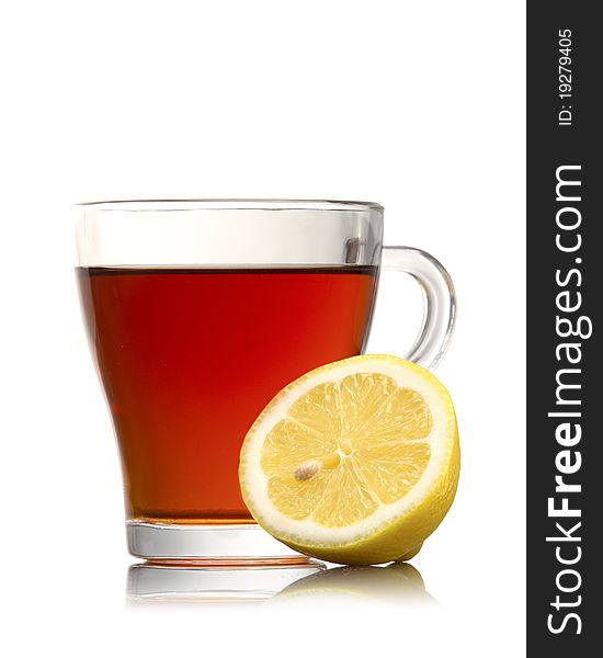 Cup of tea with lemon isolation on a white. front view