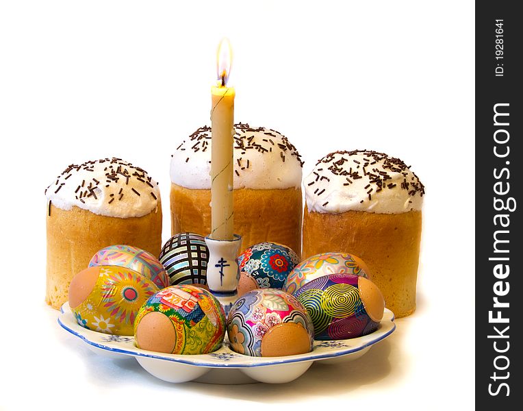 Easter cakes and eggs. Isolated white. Easter cakes and eggs. Isolated white