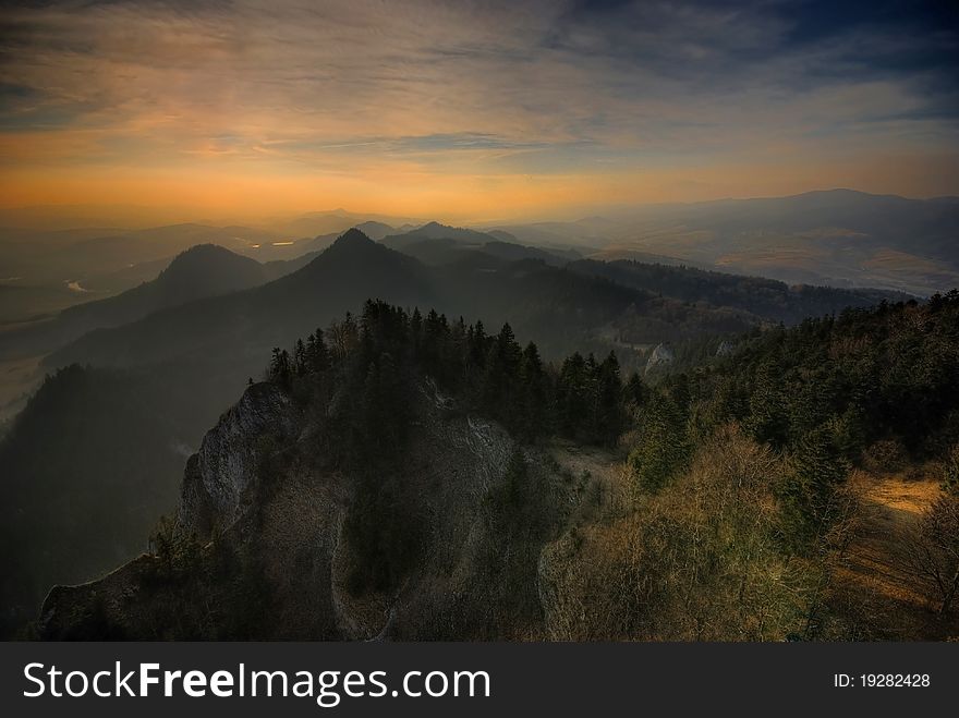 Peaks of the Pieniny Mountains at sunset