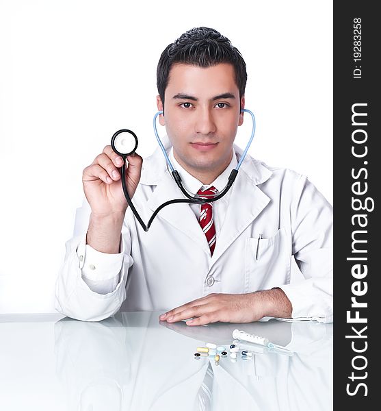 Doctor holding stethoscope,isolated on white background