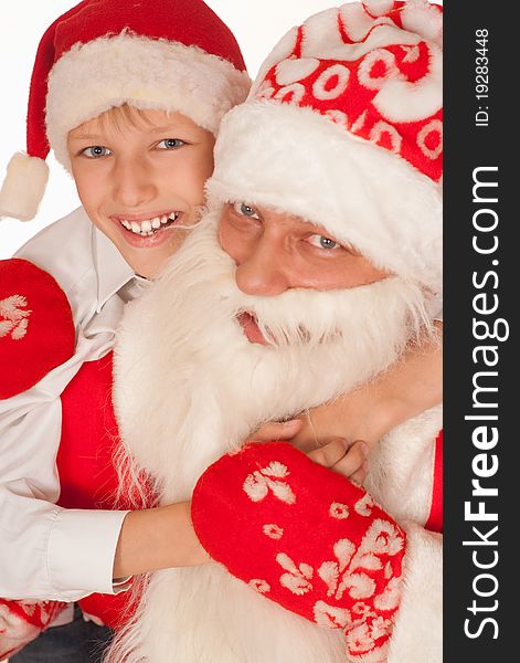 Santa with child on a white background