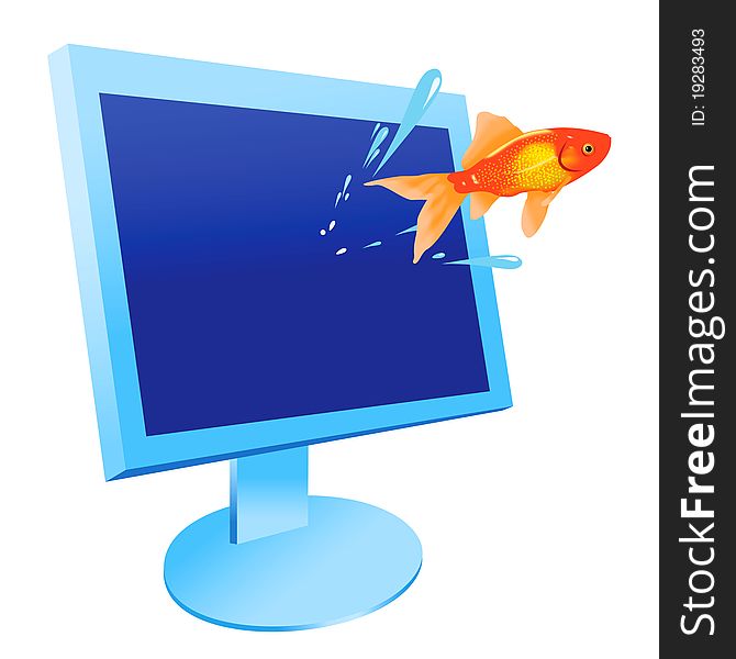 The gold fish jumps out from the monitor. The gold fish jumps out from the monitor