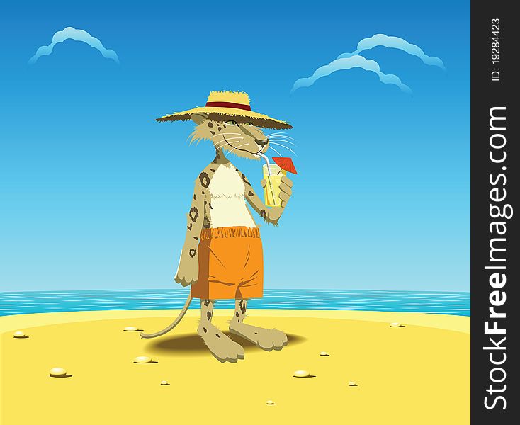 Leopard in straw hat standing on beach, drinking cocktail