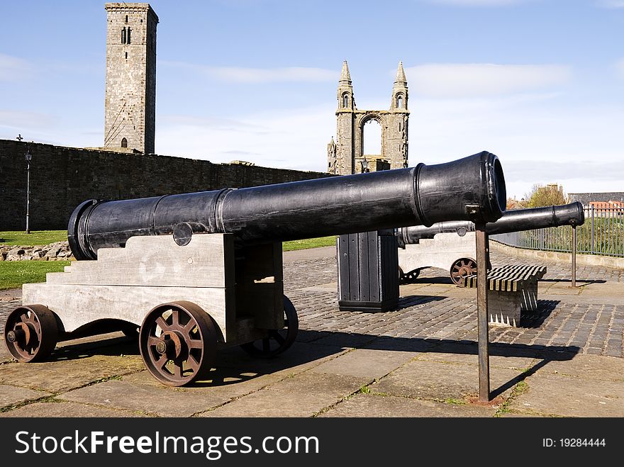 A horizontal image of two cannons outside the St.Andrews Cathedral in Scotland, a major tourist attraction