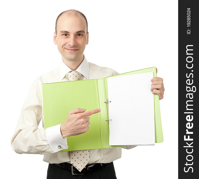 Businessman pointing on blank sheet in his folder