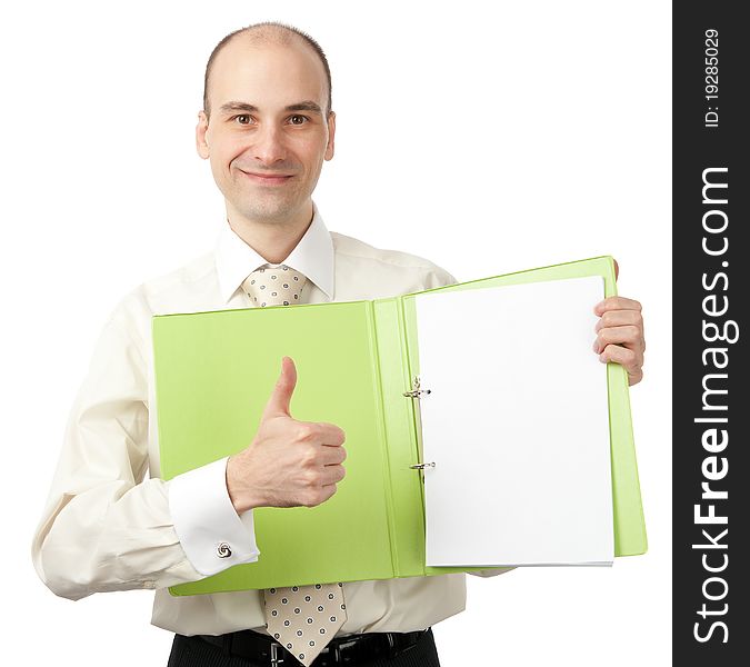 Business man going thumb up sign and shows a blank sheet of paper. Business man going thumb up sign and shows a blank sheet of paper