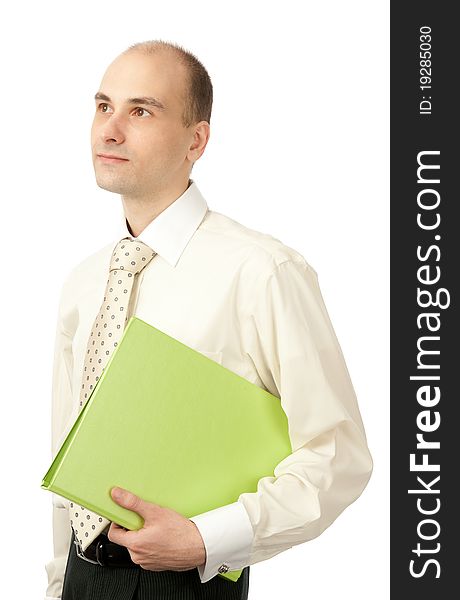 Portrait of young businessman with folder, isolated on white background