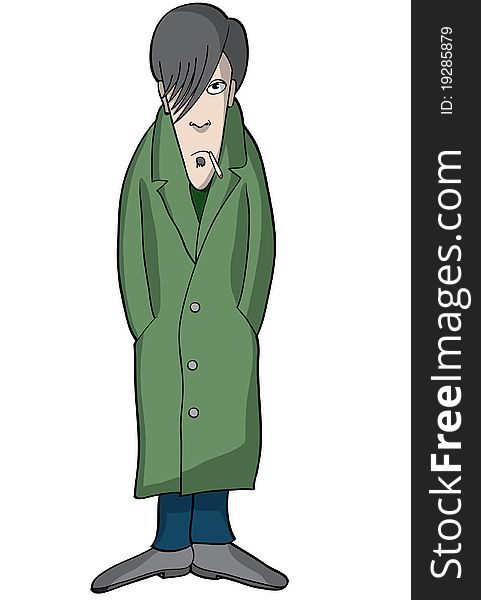 Vector cartoon illustration of an emo dude with hair in his face, soul patch, and trench coat.