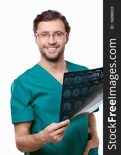 Attractive doctor with x-rays on a white background. Attractive doctor with x-rays on a white background