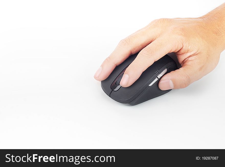 A right hand holding a mouse isolated with white background. A right hand holding a mouse isolated with white background