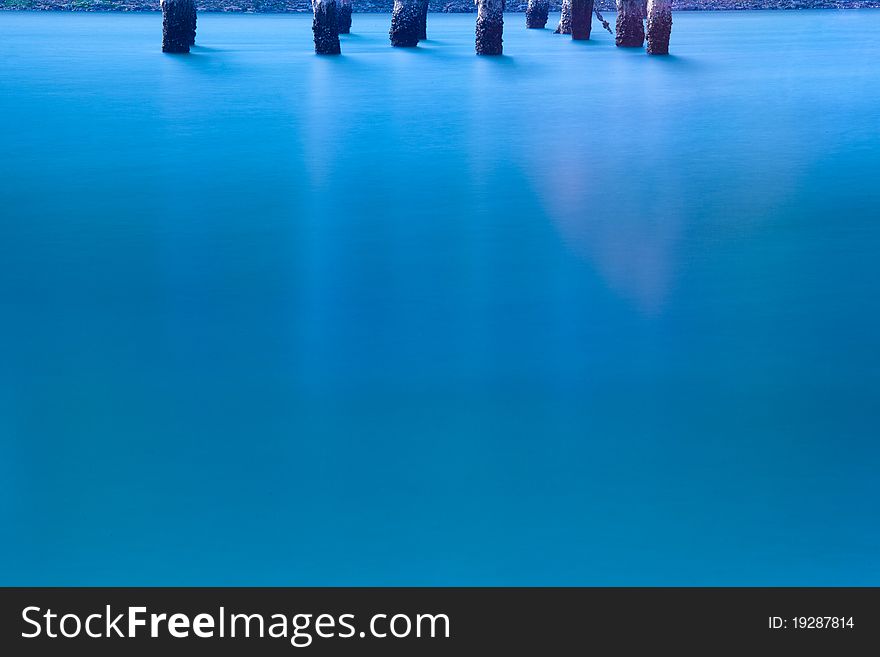 Long exposure of tall tree casting a shadow on the surface of calm water. Long exposure of tall tree casting a shadow on the surface of calm water