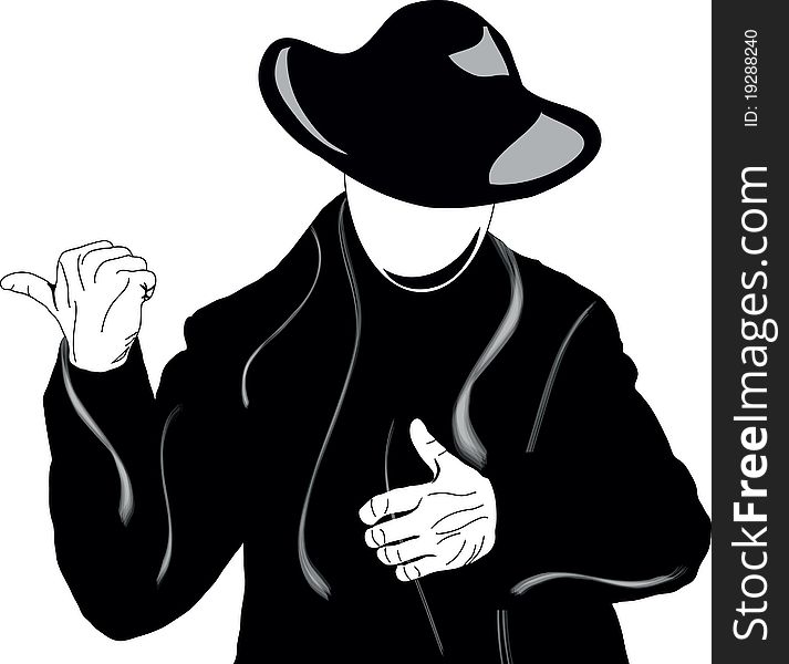 Vector illustration of a man in a black coat and hat, which shows the finger at something. Vector illustration of a man in a black coat and hat, which shows the finger at something