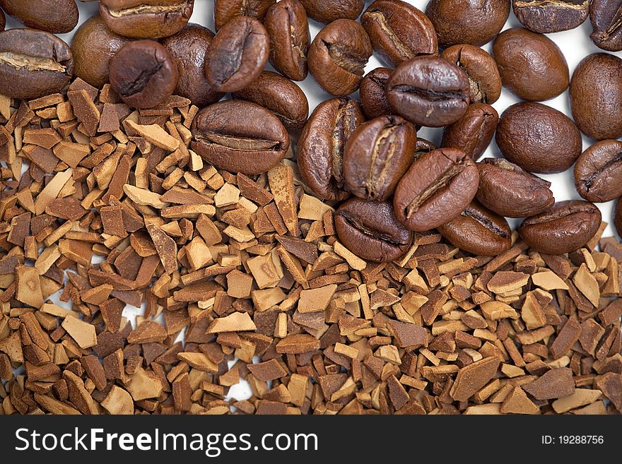 Closeup of a coffee beans and soluble coffee