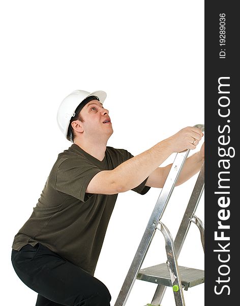 Worker climbing upwards upon ladder. Isolated on white.