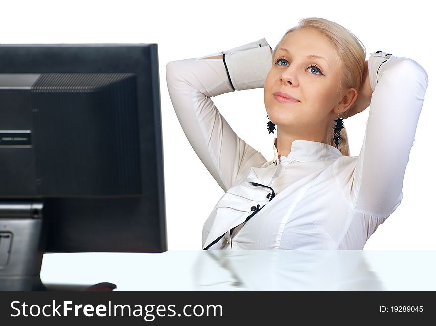 Young businesswoman executive relaxing on work place with hands behind head. Young businesswoman executive relaxing on work place with hands behind head