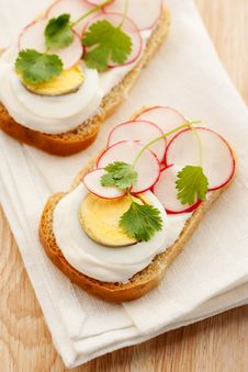 Sandwich With Cream Cheese, Egg And Radish Stock Photos