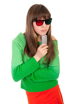 Girl Wearing 3D Glasses Holding Remote Control Royalty Free Stock Photography Girl Wearing 3D Glasses Holding Remote Control Royalty Free Stock Photography
