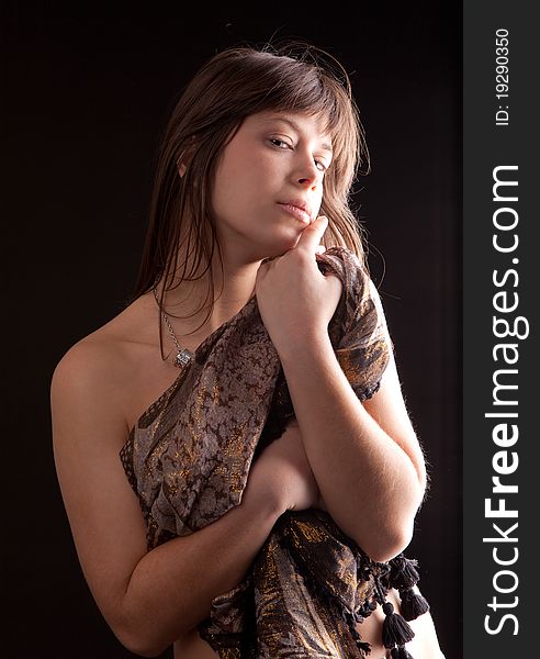 Beautiful Young Woman Covering Self With Fabric
