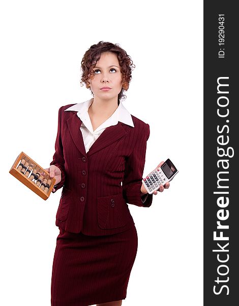 Business woman holding abacus and calculator.