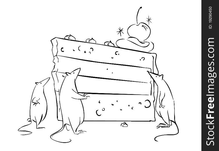 Three hungry mice looking at a cherry cake