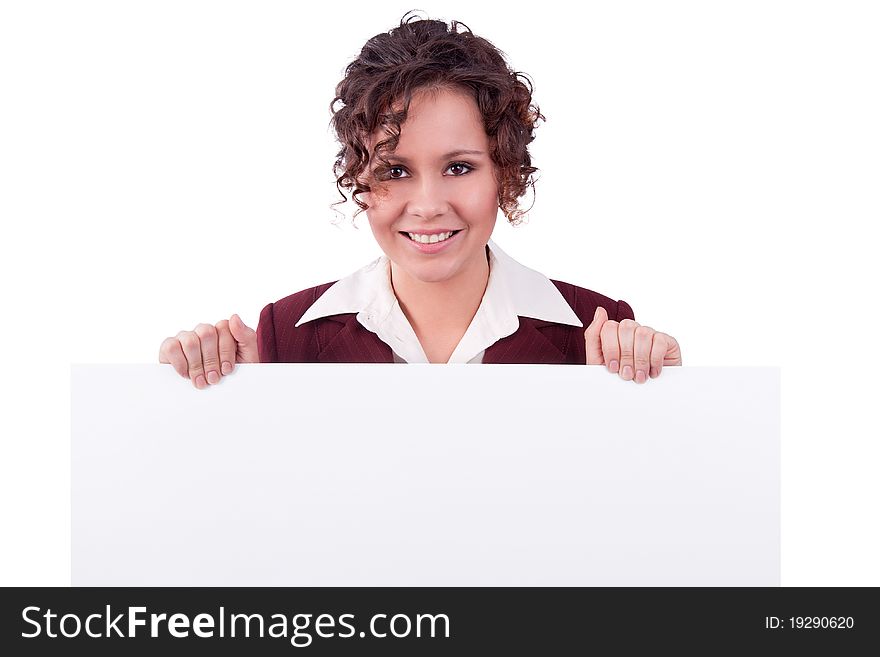 Portrait of a happy businesswoman holding white blank card against isolated white background. Portrait of a happy businesswoman holding white blank card against isolated white background.