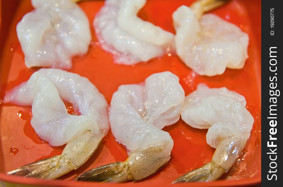 Choped Raw Shrimp On Red Plate