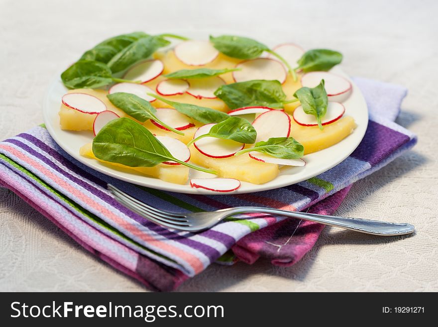 Radish and potato salad with spinach in a plate