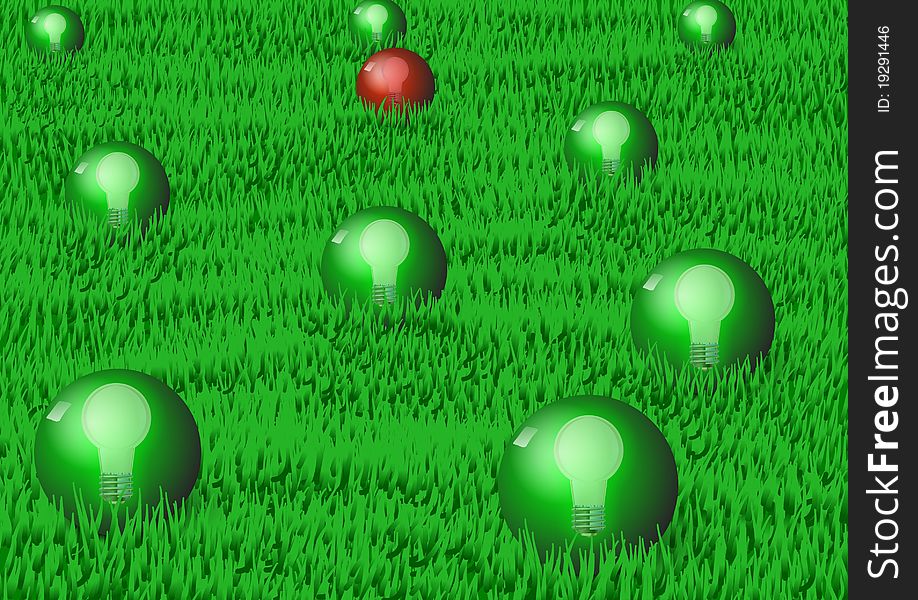 Group of green balls with bulbs inside them on a green grass field. Group of green balls with bulbs inside them on a green grass field