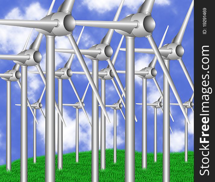 Group of wind turbines on a green grass field