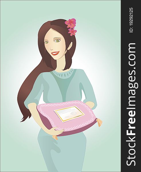 Illustraton of the girl with paper gift certificates. Illustraton of the girl with paper gift certificates
