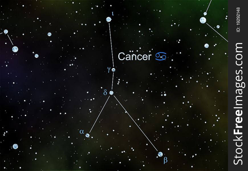 Cancer constellation with lines and symbols. Zodiac. Astrology