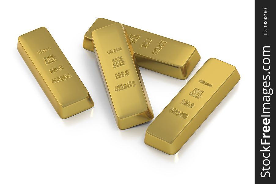 Gold bullion as four kilo ingots on white background. Gold bullion as four kilo ingots on white background