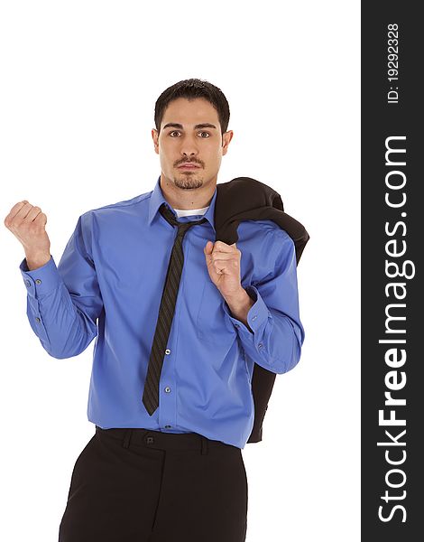 A business man is frustrated and holding his jacket over his shoulder. A business man is frustrated and holding his jacket over his shoulder.