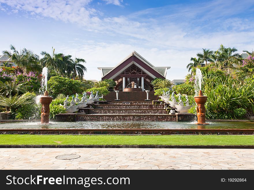 Elegant fountain in front of luxury hotel, Sanya, Hainan Island, South east China. Elegant fountain in front of luxury hotel, Sanya, Hainan Island, South east China.