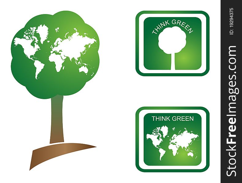 Tree and world map on think green concept