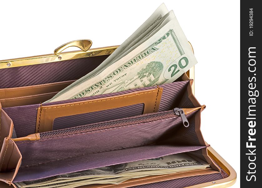 Women's Open wallet with banknotes. Isolated on a white background.