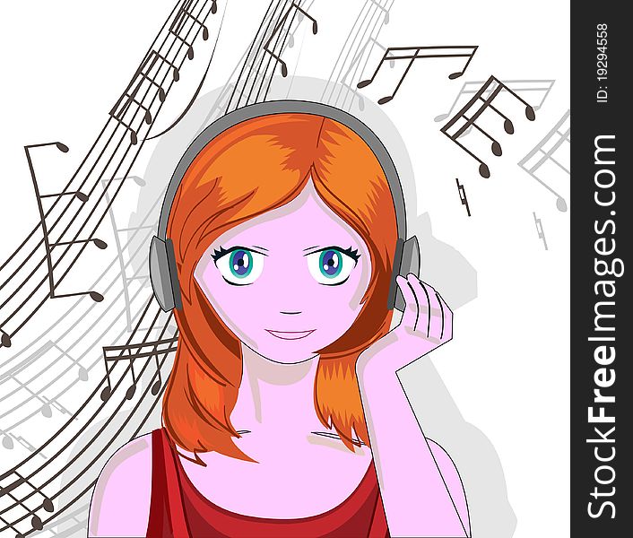 The girl in headphones listens to music. Background of music. The girl in headphones listens to music. Background of music.